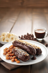 Bananas covered in milk chocolate and chopped almond nuts on brown table