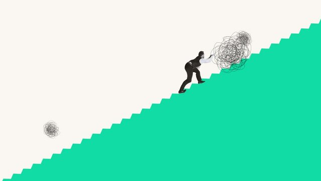 Creative artwork. Businessman, employee pushing forward big tangled ball symboliing fearless overcoming problems. Stop motion.