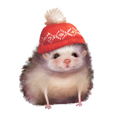 Fototapeta na wymiar Cute hedgehog in red knitted hat.