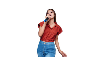 Beautiful Asian Woman Singing and Holding Microphone 