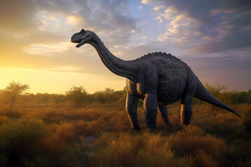 Fototapeta premium Brontosaurus walking in the prehistoric savannah