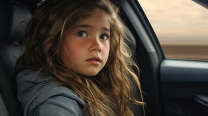 Fototapeta na wymiar Young Girl Sitting in Car on a Family Road Trip Portrait. Concept of Travel, Car, Childhood.