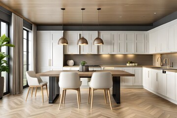 Modern new light interior of kitchen with white furniture and dining table.