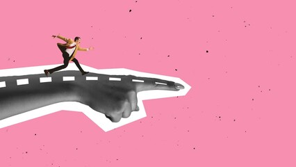 Creative collage. Businessman running forward to success. Hand showing road direction. Stop motion.
