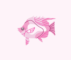Hand drawn vector abstract cartoon marine underwater set of cute ocean color fishes. Fish characters concept for funny kids design. Flat cartoon sea fish vector design isolated on color background