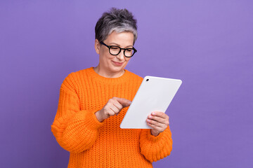 Photo of cute shiny woman dressed sweater typing instagram twitter telegram facebook empty space...