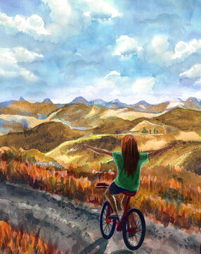 Inspirational postcard. A girl in a green T-shirt rides a bicycle against the backdrop of mountain hills. Watercolor drawing.