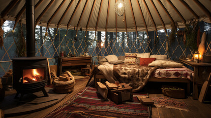 A campsite in the wilderness, featuring a spacious koreman (yurt) with cozy rugs and pillows inside Generative AI