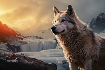 Imposing wolf with natural mountains. Generative AI