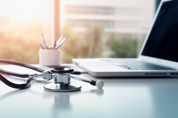 stethoscope on a table in front of a laptop
