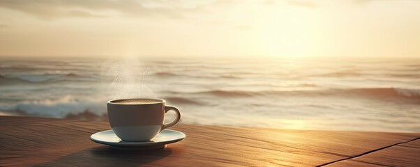 Closeup on freshly hot coffee cup on wooden table. Beach holiday with sea view - obrazy, fototapety, plakaty