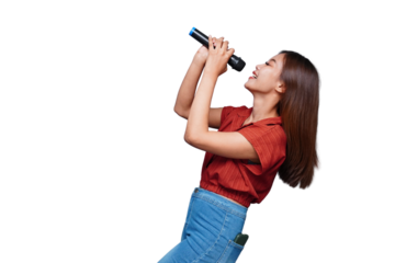 Beautiful Asian Woman Singing and Holding Microphone Eyes Closed