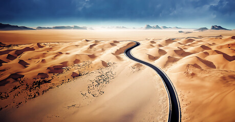 illustrazione con strada che serpeggia e si perde all'orizzonte in un deserto di dune e sabbia, cielo azzurro, vista dall'alto - obrazy, fototapety, plakaty