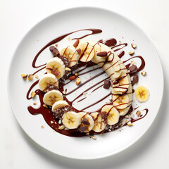 Bananas slices with chocolate sauce and chopped almond nuts