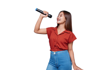 Beautiful Asian Woman Singing and Holding Microphone Eyes Closed