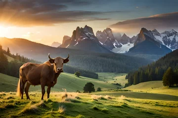 Fototapete Alpen cow on the mountain