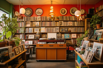 A whimsical vintage store featuring shelves of vintage books, classic vinyl records, and vintage typewriters Generative AI