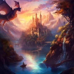 Fototapeta na wymiar Fantasy landscape with castle and dragon on the river. Digital painting.