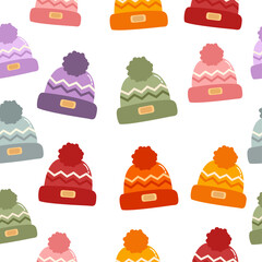 Fall seamless pattern with kawaii cute hats or beanies with pompom on white isolated background