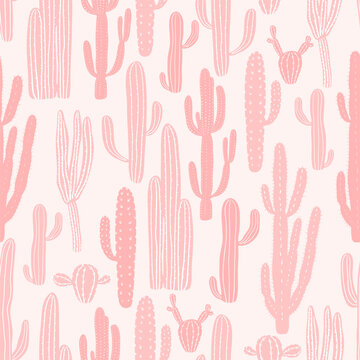 Monochrome pink seamless pattern with cactus