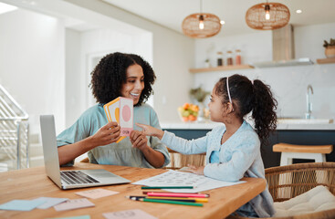 Homework, education and mother with girl with card for learning, child development and studying. Family, school and happy mom with kid at table with paper for creative lesson, teaching and knowledge