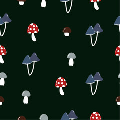 Hand drawn scandinavian seamless patterns with different flat cartoon mushrooms and amanita