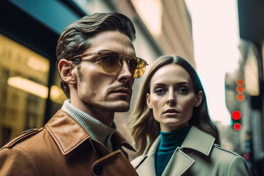 couple, femme, homme, rue, ville, jour, ext&eacute;rieur, espion, espionnage, cin&eacute;ma, sc&egrave;ne, film, sc&eacute;nario, r&eacute;tro, vintage, 1960, sixties, personnage, jouer, mode, style, personne, gens, figurant, vedette, 