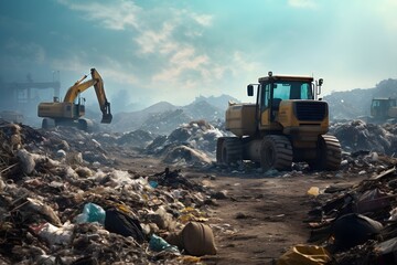 Large landfill full of trash with bulldozers working diligently, illustrating the scale of waste generation and need for effective waste disposal - obrazy, fototapety, plakaty