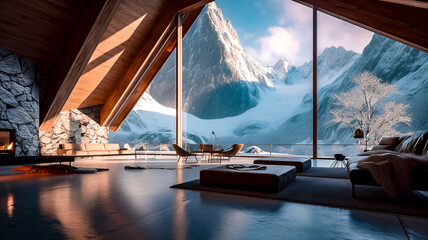 Grande ouverture donnant vue sur la montagne dans appartement d'architecture design - Générative ia