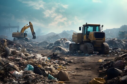 Large landfill full of trash with bulldozers working diligently, illustrating the scale of waste generation and need for effective waste disposal