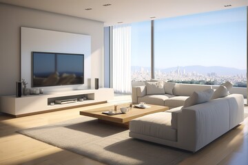 Beautiful living room interior with hardwood floors, view of kitchen and dining room in new luxury home,Generative AI