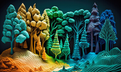 fairy forest background with colorful trees created from plasticine