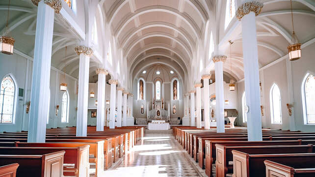 Int&eacute;rieur d'une &eacute;glise en Europe avec rang&eacute;es de bancs et colonnes  - G&eacute;n&eacute;rative ia