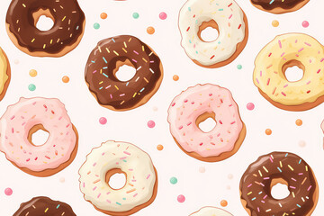 Sweet seamless pattern of lots of donuts in colorful glaze. Pastel delicate light colors, repeat texture of yummy donut with sprinkles and icing. 