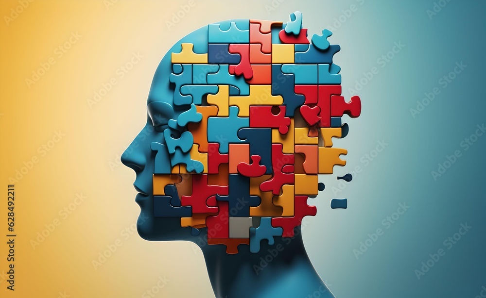 Poster puzzle concept with a person's head. style of bright color blocks. generative ai.
