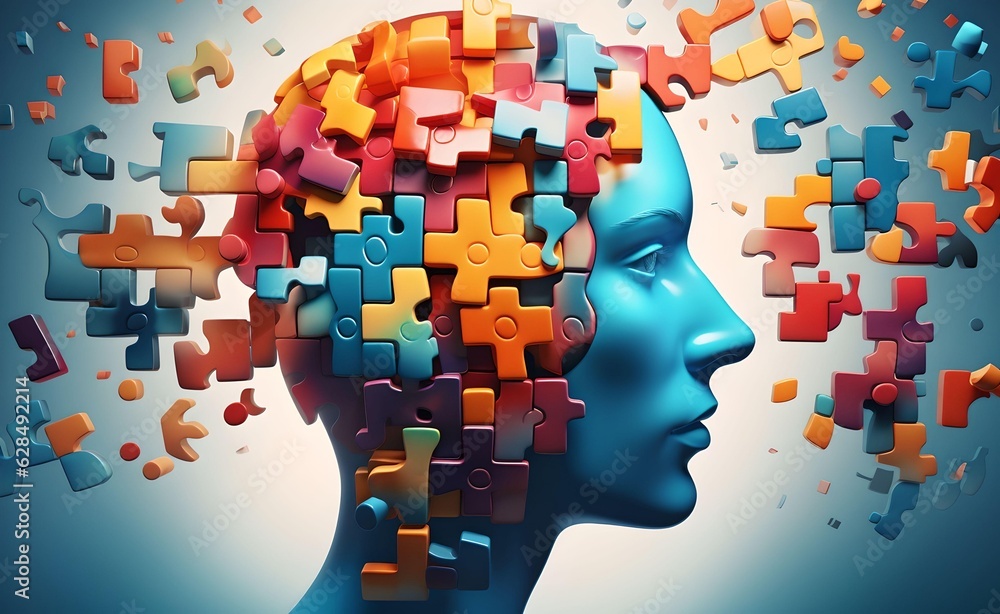 Poster puzzle concept with a person's head. style of bright color blocks. generative ai.