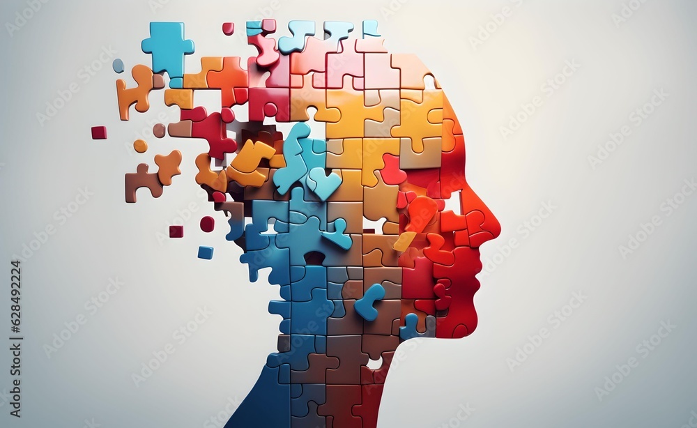 Poster puzzle concept with a person's head. style of bright color blocks. generative ai.
