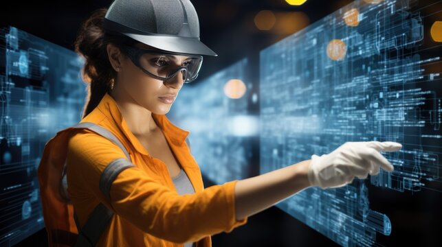 female data scientist expertly using a complex minority report style touch data analytics, Calculate, plan, strategy interface in an modern industrial steel warehouse, full of structural steel