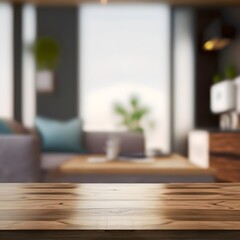 Wood table with blurred modern apartment interior background, Empty wooden tabletop with blurred living room background, ,AI generated