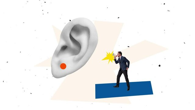 Creative collage. Contemporary art collage of businessman shouting in megaphone at gian hear symbolizing misunderstanding. Stop motion animation.