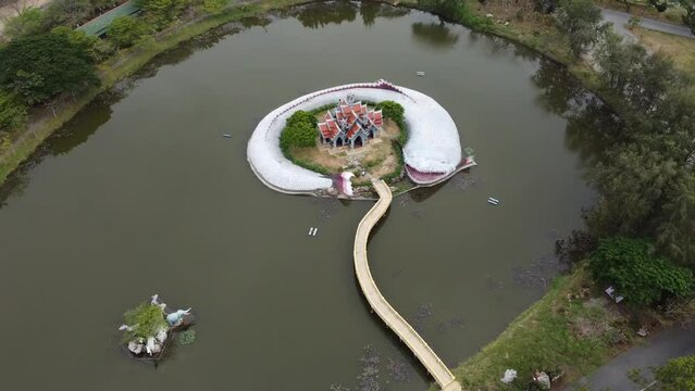 Aerial Ancient city Fish Temple in Bangkok Thailand, Ancient Siam, Muang Boran