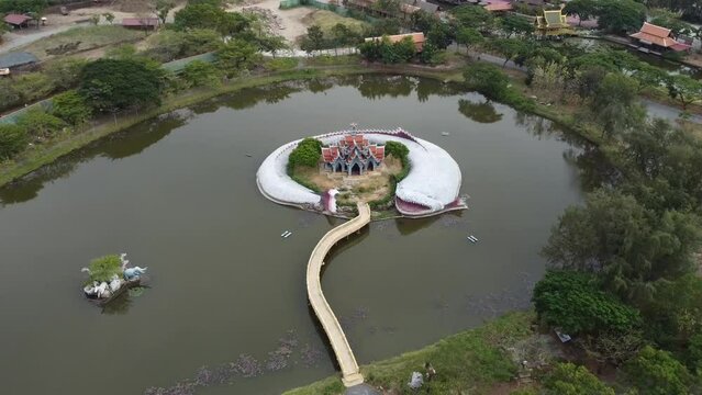 Aerial Ancient city Fish Temple in Bangkok Thailand, Ancient Siam, Muang Boran