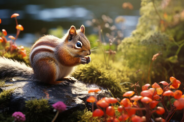 Naklejka na ściany i meble Cute squirrels and flowers in pastel tones. Generative AI