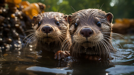 Fototapeta premium 2 young otters playfully swimming in the water and looking at the camera, generative AI