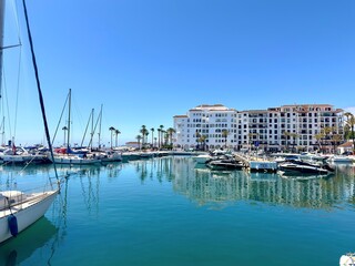 Marina De La Duquesa, marina with yachts and boats in La Duquesa at the Mediterranean Sea, Andalusia, Malaga, Spain - obrazy, fototapety, plakaty