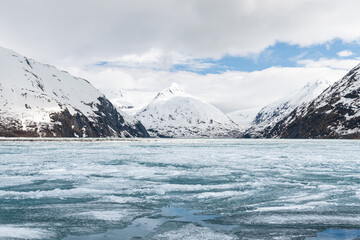 Ice sheets covering Portage Lake,  from the Begich Boggs Visitor Center with Bard Peak in the distance