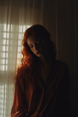 portrait of a woman/model/book character standing by a window in shadows with a thoughtful/sad expression -mental health, depression, therapy - in style film photography look - generative ai art