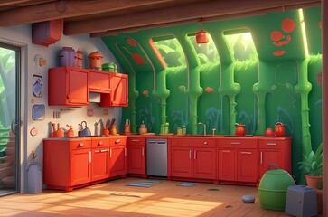 3D Rendering of Kitchen Scene in Cartoon Style 