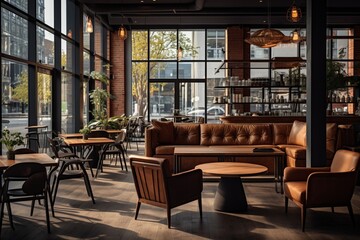 Fototapeta na wymiar Charming Coffee Shop with Comfortable Seating, and Tasteful Decor Generative ai