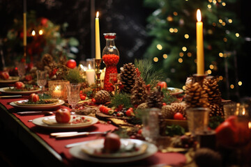 Obraz na płótnie Canvas Table served for Christmas dinner. Living room decorated with lights and Christmas tree. AI generated